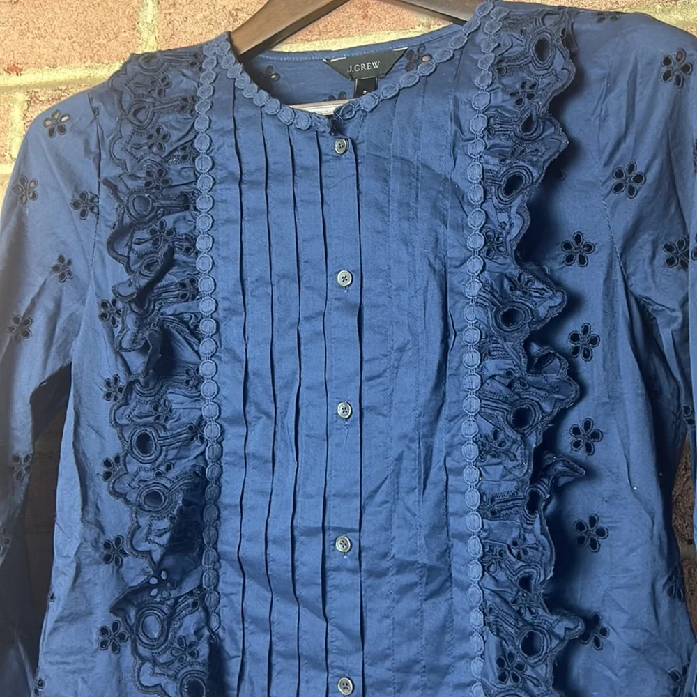 J Crew Button Down Eyelet  Ruffle Top - Picture 3 of 7